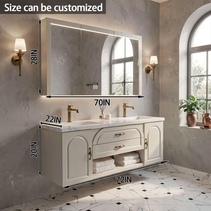 60"-84"Wall-Mounted French Country Bathroom Vanity with Recessed Storage & Lighted Mirror