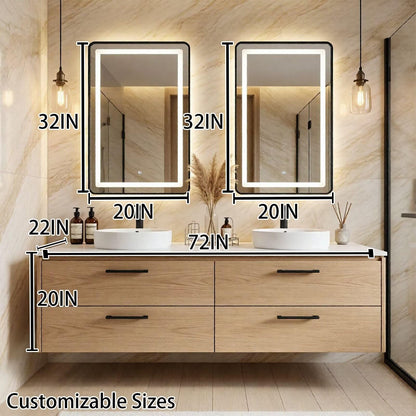 60"-96"Light Oak Floating Bathroom Vanity with Double Vessel Sinks & LED Mirrors