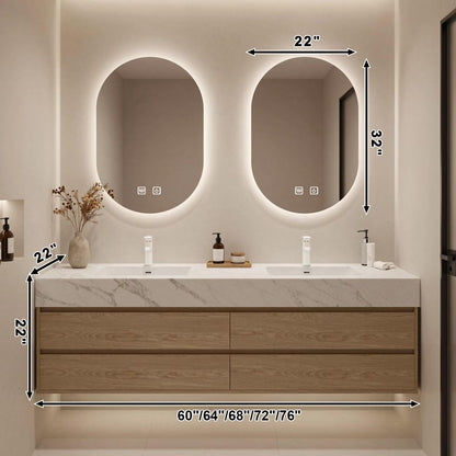 60”-84”Light Wood Floating Bathroom Vanity with Marble Top & Dual LED Mirrors