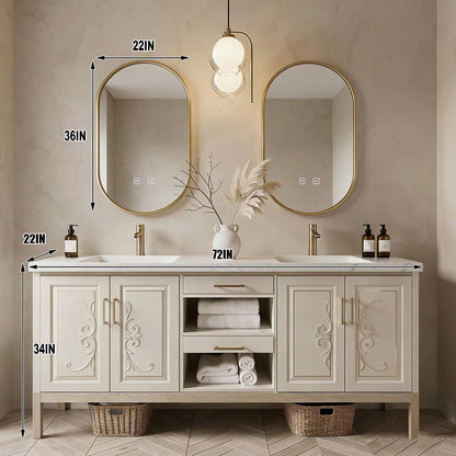 60"-96"Traditional Bathroom Vanity with Marble Top, Carved Doors & Storage