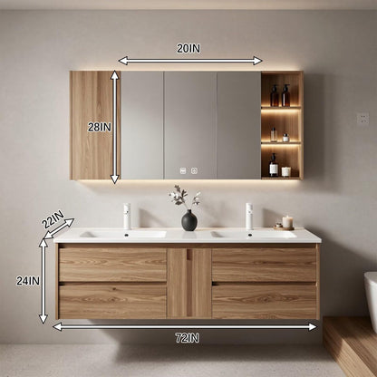 60”-96” Light Wood Floating Bathroom Vanity with Double Sinks & LED Lighted Mirror Cabinet