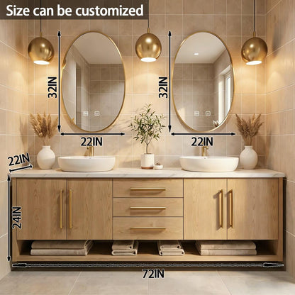 60”-84”Double Sink Floating Bathroom Vanity with Gold Oval Mirrors, Light Wood Cabinet & Gold Hardware