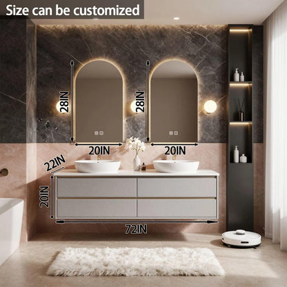 60"-84"Floating Linen Bathroom Vanity with Double Vessel Sinks & LED Arched Mirrors