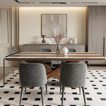 60"-80"Modern Farmhouse Dining Table with Walnut Wood & White Marble Striped Top, 6-Seater