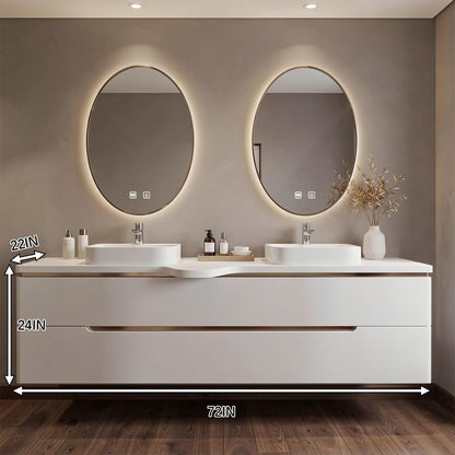 60”-96”Modern White Floating Bathroom Vanity with Double Oval LED Mirrors & Wave Countertop