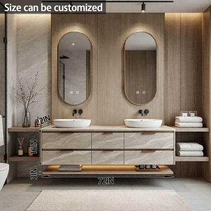 60”-84”Double Floating Vanity, Light Beige Cabinet with LED Backlit Mirror