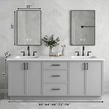 60”-96”Double Sink Freestanding Bathroom Vanity with 2 LED Mirrors, Gray Wood Vanity with Marble Top & Black Hardware