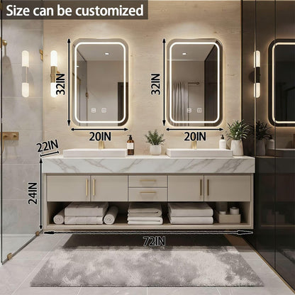 60"-84"Floating Beige Bathroom Vanity with Double Vessel Sinks & LED Mirrors