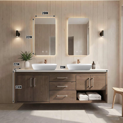 60"-96"Modern Wood Vanity with Stone Countertop, Drawers & Open Storage