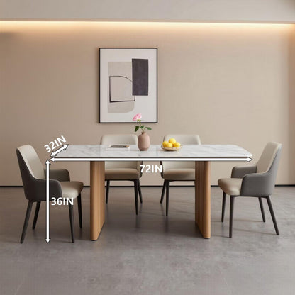 60"-80"Modern White Marble Dining Table Set with 4 Upholstered Chairs, Wood Legs
