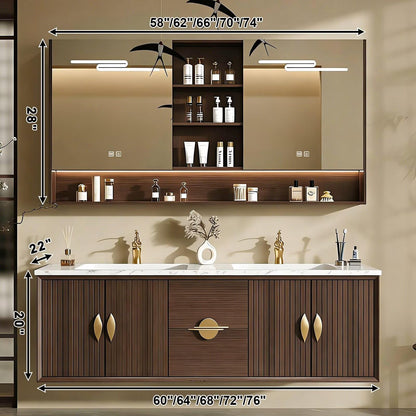 60”-84”Double Sink Floating Bathroom Vanity with LED Mirror Cabinet, Wall Mounted Walnut Vanity with Marble Top & Gold Hardware
