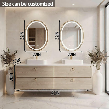60”-84”Double Sink Floating Bathroom Vanity with LED Round Mirrors, Light Wood Cabinet & Gold Hardware