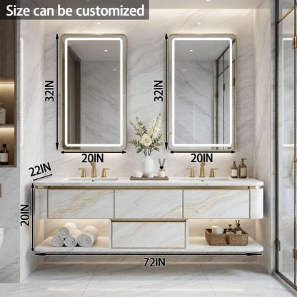 60”-84”Double Sink Bathroom Vanity with LED Lighted Mirrors, Marble Countertop & Gold Trim