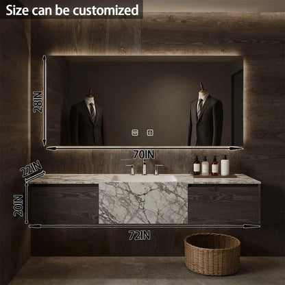 52”-72”Single Sink Floating Bathroom Vanity with LED Backlit Mirror, Dark Marble & Wood Cabinet