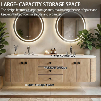 60"-84"Modern Light Oak Floating Bathroom Vanity Set with Black Hardware