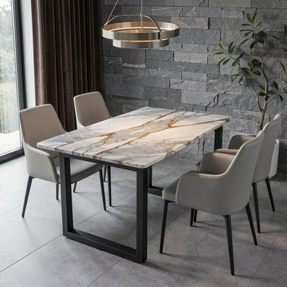 56"-88"Modern Rectangular Dining Table, Marble Top with Black U-Base