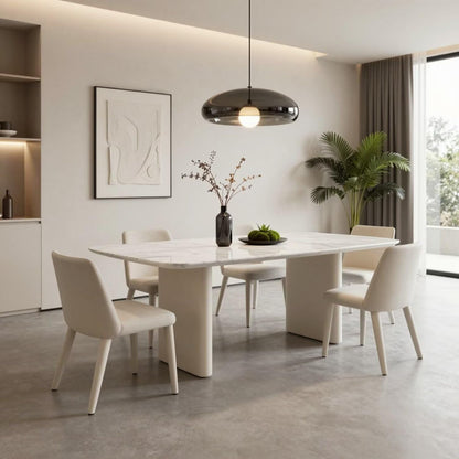 56"-88"Contemporary White Marble Dining Table with Cream Double Pedestal