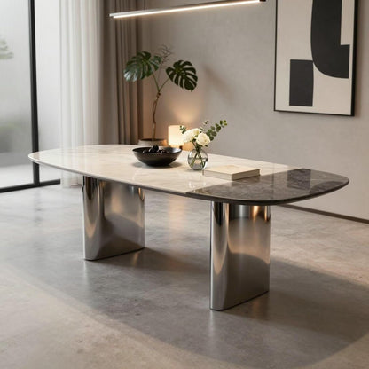 56"-88"Modern Oval Dining Table, Dual Marble Top with Chrome Metal Legs