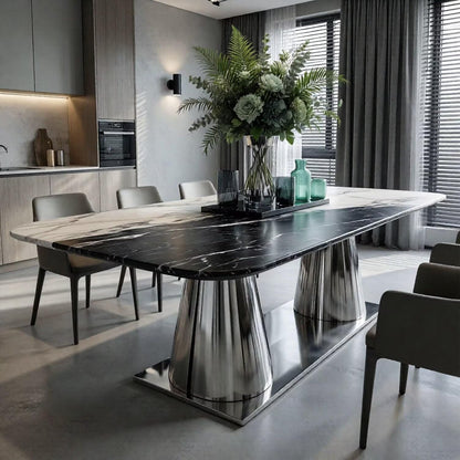 56"-88"Black & White Marble Dining Table with Polished Stainless Steel Base