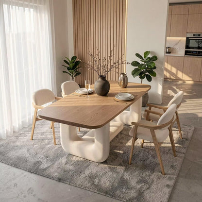 56"-88"Natural Wood Dining Table with Cream Boucle Base for 4-6 People