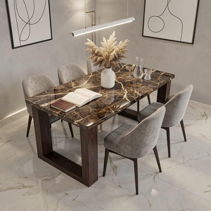 56"-88"Luxury Rectangular Dining Table, Dark Marble Top with Wood Frame Legs