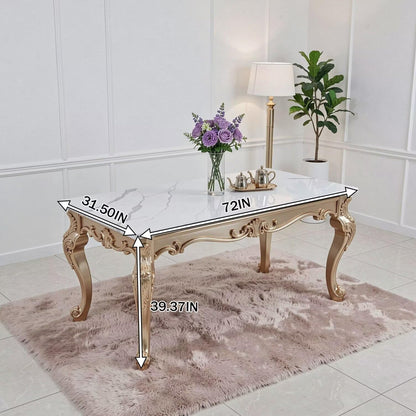 56"-88"Rectangular Dining Table with Marble Top & Antique Gold Rococo Base
