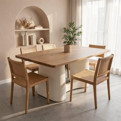 60"-80"Natural Wood Dining Table, Modern Rectangular Kitchen Table with Cream White Base