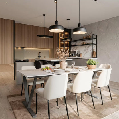 60"-80"White Marble Dining Table, Modern Rectangular Kitchen Table with Black Metal Base