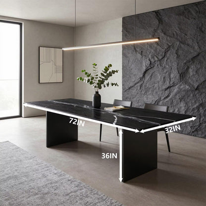 60"-80"Black Marble Dining Table, Modern Rectangular Kitchen Table with Black Metal Base