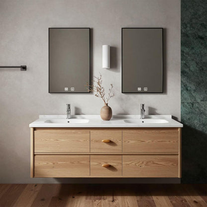 60"-96"Modern Floating Bathroom Vanity, Light Oak Double Sink Cabinet with Drawers