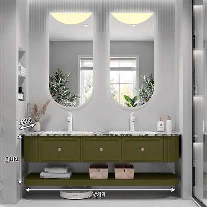 60"-96"Olive Green Floating Bathroom Vanity with Marble Top & LED Half-Moon Mirrors