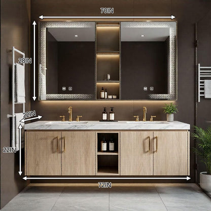 60"-96"Modern Light Wood Floating Vanity with Double Sinks & LED Lighted Mirror Cabinet