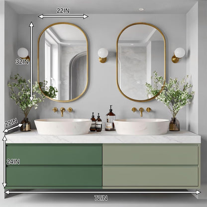 60"-96"Modern Green Bathroom Vanity with White Marble Top & Oval Gold Frame Mirrors