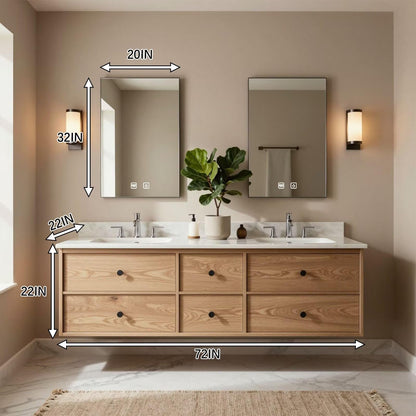 60"-96"Floating Oak Double Bathroom Vanity with Marble Countertop & 6 Drawer Storage