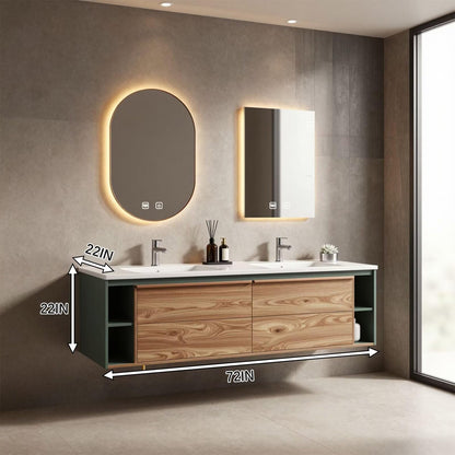 60"-96"Contemporary Floating Bathroom Vanity, Double Sink with Open Side Cabinets