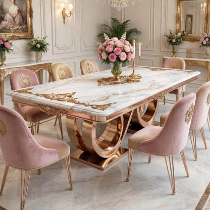 56"-88"Ornate Rectangular Marble Dining Table with Gold Accents & Rose Gold Base