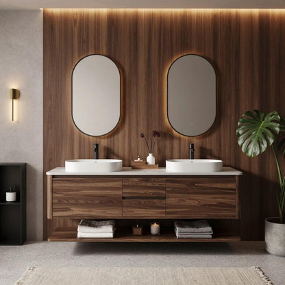 60"-96"Modern Wood Wall-Mounted Bathroom Vanity Set with Open Shelf & MirrorsModern Wood Wall-Mounted Bathroom Vanity Set with Open Shelf & Mirrors