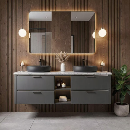 60”-84”Double Sink Floating Bathroom Vanity with LED Mirror, Dark Gray Cabinet & Black Vessel Sinks