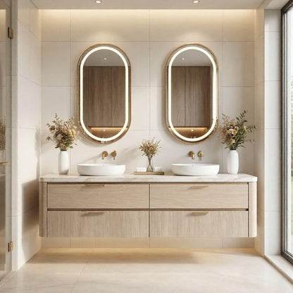 60"-96"Floating Oak Bathroom Vanity with Double Vessel Sinks & LED Oval Mirrors