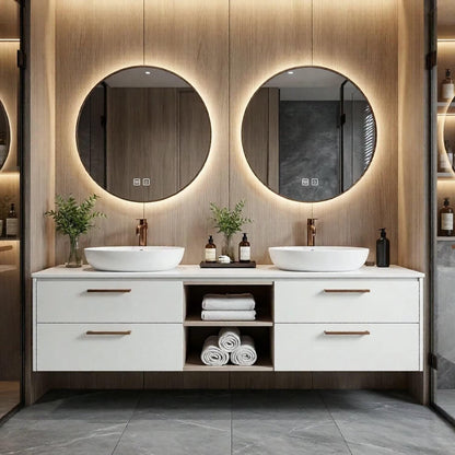 60“-84”Modern Floating Double Bathroom Vanity with LED Round Mirror & White Ceramic Sink