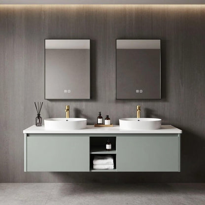 60”-84”Double Sink Floating Bathroom Vanity with LED Mirrors, Light Gray Cabinet & White Stone Top