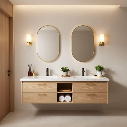60”-84”Double Sink Floating Bathroom Vanity with Gold Oval Mirrors