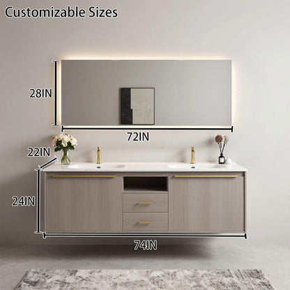 60"-96"Light Gray Oak Floating Bathroom Vanity with Double Sinks & LED Backlit Mirror