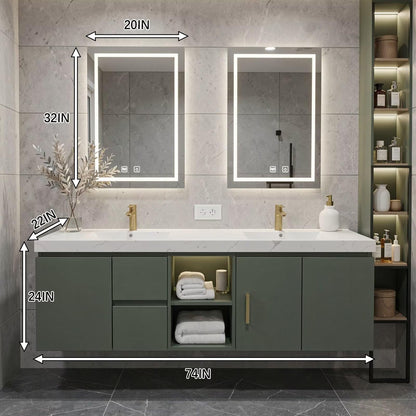 60”-96” Green Floating Bathroom Vanity with Double Sinks & LED Lighted Mirrors