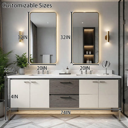 60"-96"Modern Two-Tone Bathroom Vanity with Double Sinks & Marble Top, Gold Accents