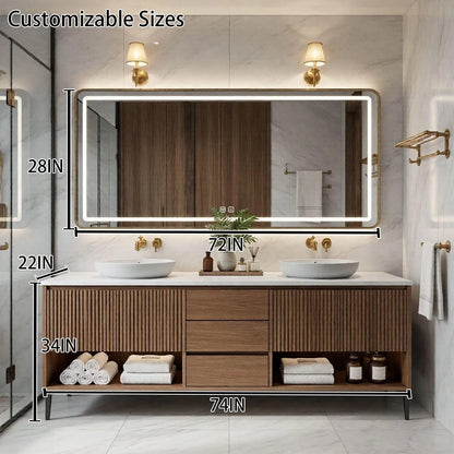 60"-96"Wood Fluted Bathroom Vanity with Double Vessel Sinks & LED Lighted Mirror