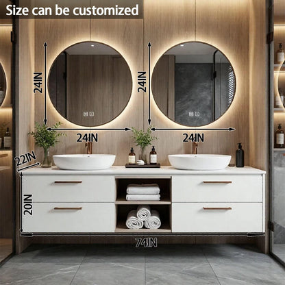60“-84”Modern Floating Double Bathroom Vanity with LED Round Mirror & White Ceramic Sink