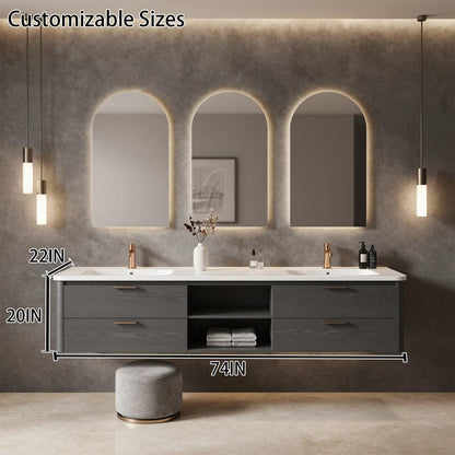 60"-96"Gray Floating Bathroom Vanity with Double Sinks & LED Arched Mirrors