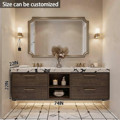 60”-84”Double Floating Vanity with Gold Trim Mirror, Espresso Wood & Marble Countertop