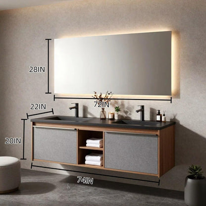 60"-96"Wall-Mounted Bathroom Vanity with Black Countertop & Open Towel Shelf